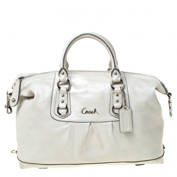 Pre Owned Coach White Metallic Leather Ashely Satchel 