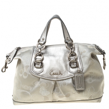 Pre Owned Coach Silver/Grey Canvas and Leather Ashley Top Handle Bag
