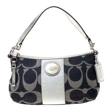 Pre Owned Coach Blue/Grey Signature Stripe Canvas Shoulder Bag