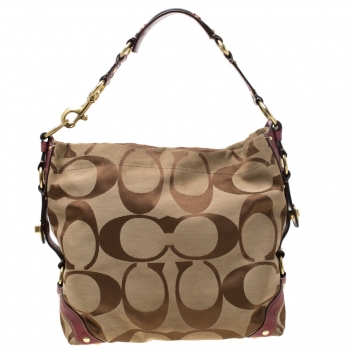 Pre Owned Coach Beige/Burgundy Signature Canvas and Leather Carly Hobo