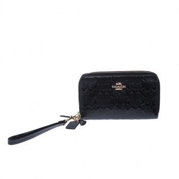 Pre Owned Coach Black Signature Patent Leather Accordion Zip Around Wallet