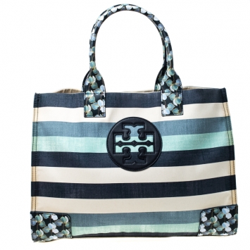 Pre Owned Tory Burch Harbor Stripe Canvas and Leather Ella Tote