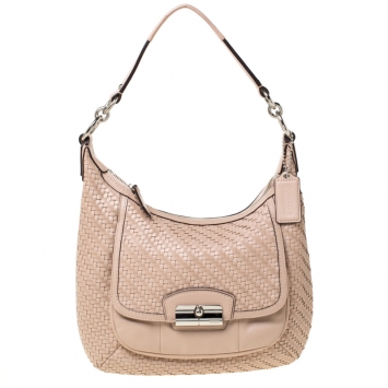 Pre Owned Coach Blush Pink Woven Leather Kristin Hobo