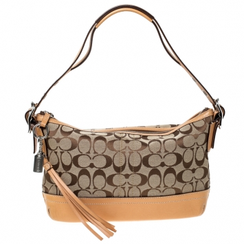 Pre Owned Coach Tan/Beige Signature Coated Canvas and Leather Tassel Shoulder Bag