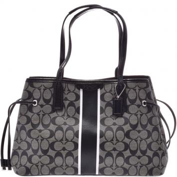 Pre Owned Coach Black Signature Canvas Stripe Shoulder Bag