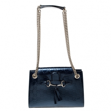 Pre Owned Gucci Blue Guccissima Patent Leather Small Emily Chain Shoulder Bag