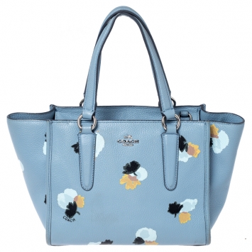 Pre Owned Coach Light Blue Floral Printed Leather Mini Crosby Tote