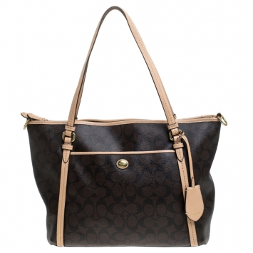 Pre Owned Coach Brown Coated Canvas and Leather Peyton Pocket Tote 