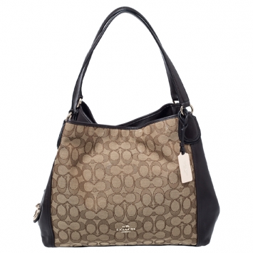 Pre Owned Coach Dark Brown/Beige Signature Canvas and Leather Lexy Shoulder Bag