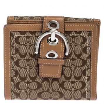 Pre Owned  Coach Beige/Tan Signature Canvas and Leather Compact Wallet