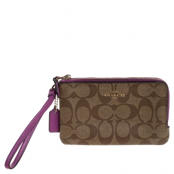 Pre Owned Coach Beige/Purple Signature Coated Canvas Double Zip Wristlet Wallet