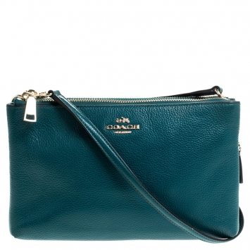 Pre Owned Coach Teal Leather Double Zip Crossbody Bag