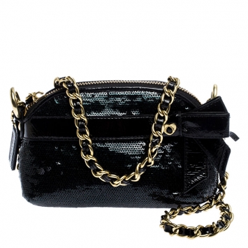 Pre Owned Coach Black Sequins and Patent Leather Mini Poppy Chain Shoulder Bag
