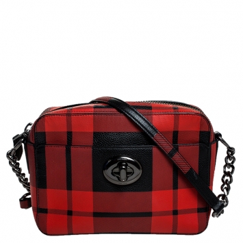 Pre Owned Coach Red/Black Coated Canvas Plaid Turnlock Camera Bag