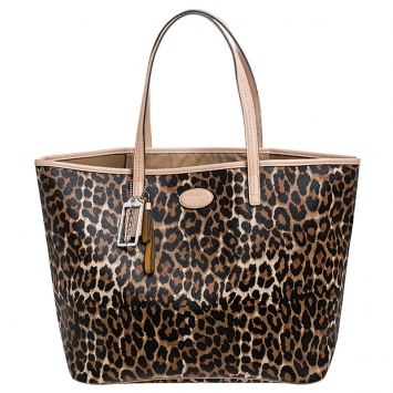 Pre Owned Coach Brown Leopard Print Coated Canvas City Zip Tote