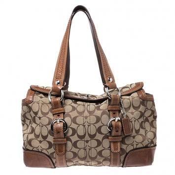 Pre Owned Coach Brown Signature Canvas And Leather Double Buckle Shoulder Bag