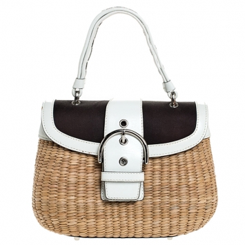 Pre Owned  Coach Brown/White Woven Straw and Leather Satchel 