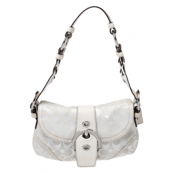 Pre Owned Coach White Canvas and Leather Buckle Flap Hobo