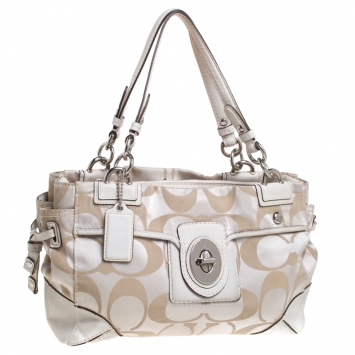 Pre Owned Coach Beige Op Art Fabric Satchel 