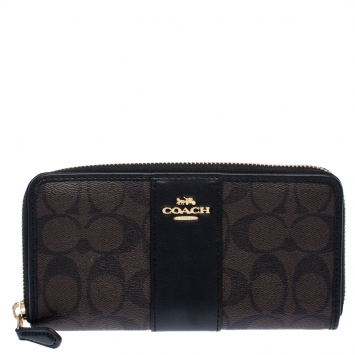 Pre Owned Coach Brown/Black Leather Signature Zip Around Wallet
