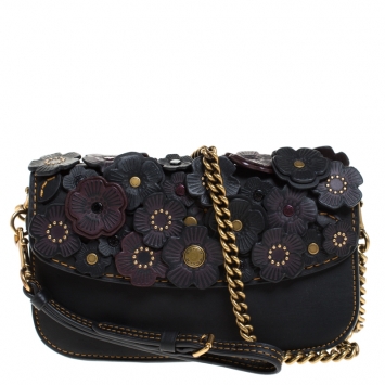 Pre Owned Coach Black Leather 1941 Tea Rose Chain Clutch