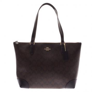 Pre Owned Coach Dark Brown Signature Canvas Tote