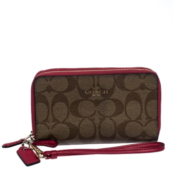 Pre Owned Coach Brown/Pink Canvas Double Zip Phone Wallet
