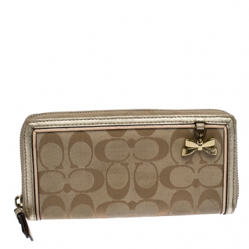 Pre Owned Coach Metallic Gold Signature Canvas Zip Around Wallet