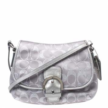 Pre Owned Coach Silver Canvas and Leather Buckle Crossbody Bag