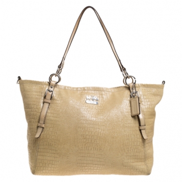 Pre Owned Coach Light Yellow Crocodile Effect Leather Buckle Shopper Tote