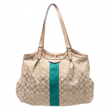 Pre Owned Coach Beige/Green Signature Canvas and Leather Devin Stripe Shoulder Bag