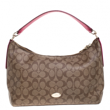 Pre Owned Coach Dark Beige/Magenta Signature Coated Canvas Zip Hobo