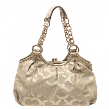Pre Owned Coach Metallic Gold Signature Canvas Parker Linen Lurex Satchel