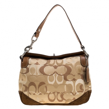 Pre Owned Coach Beige/Brown Signature Canvas/Suede and Leather Baguette