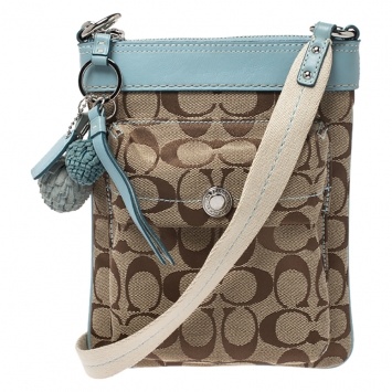Pre Owned Coach Beige/Sky Blue Canvas and Leather Crossbody Bag