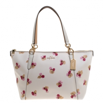 Pre Owned Coach White Printed Coated Canvas Ava Top-Zip Tote