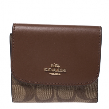 Pre Owned Coach Brown Leather and Coated Canvas Signature Compact  Wallet