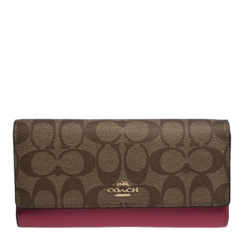 Pre Owned Coach Beige/Pink Coated Canvas and Leather Continental Wallet