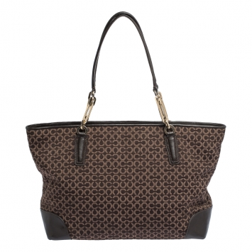 Pre Owned Coach Brown Signature Canvas and Leather Needlepoint Shopper Tote
