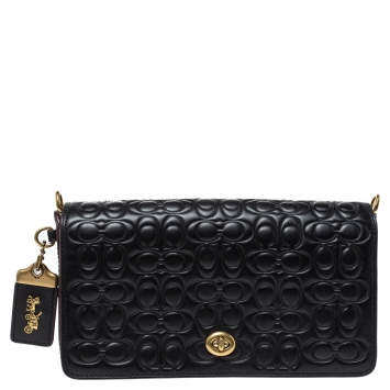 Pre Owned Coach Black Monogram Leather Flap Crossbody Bag