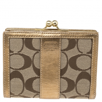 Pre Owned Coach Beige/Gold Signature Canvas and Leather Compact Wallet