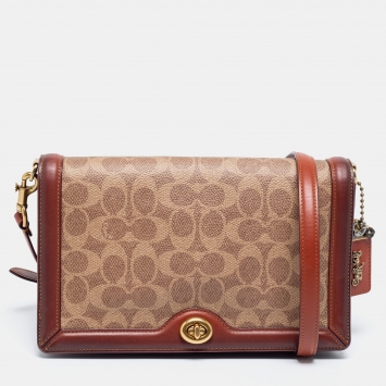 Pre Owned Coach Beige/Tan Signature Coated Canvas and Leather Crossbody Bag