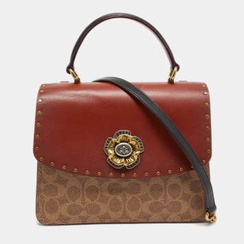 Pre Owned Coach Brown/Beige Signature Coated Canvas And Leather Parker Top Handle Bag