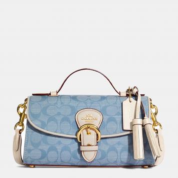 Pre Owned Coach Blue/Beige Signature Denim Kleo Top Handle Bag