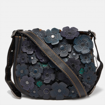 Coach Black/Blue Leather Floral Applique Saddle Crossbody Bag