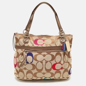 Pre Owned Coach Bronze/Beige Signature Canvas and Patent Leather Poppy Tote