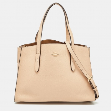 Pre Owned Coach Beige Grained Leather Charlie Carryall Tote