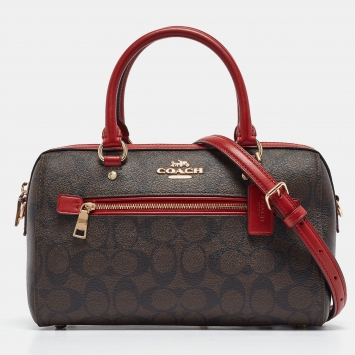Coach Red/Brown Signature Coated Canvas and Leather Rowan Boston Bag
