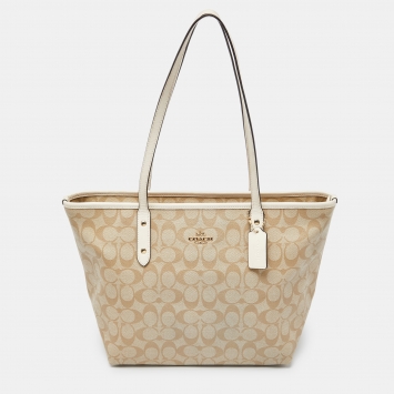 Coach Beige/Brown Signature Coated Canvas and Leather City Zip Tote