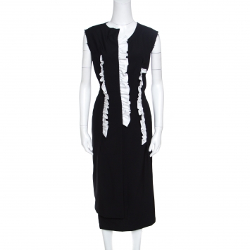 Pre Owned Commes des Garcons Black Wool Ruffled Raw Edged Detail Sheath Dress M